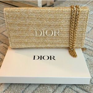 ❌SOLD—Unbranded 47” gold chain w BRAND NEW in box DIOR Beauty Raffia Clutch